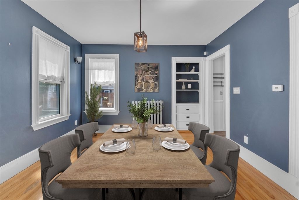 Dining room, Interior, Pendant Lights, Wood Texture Flooring