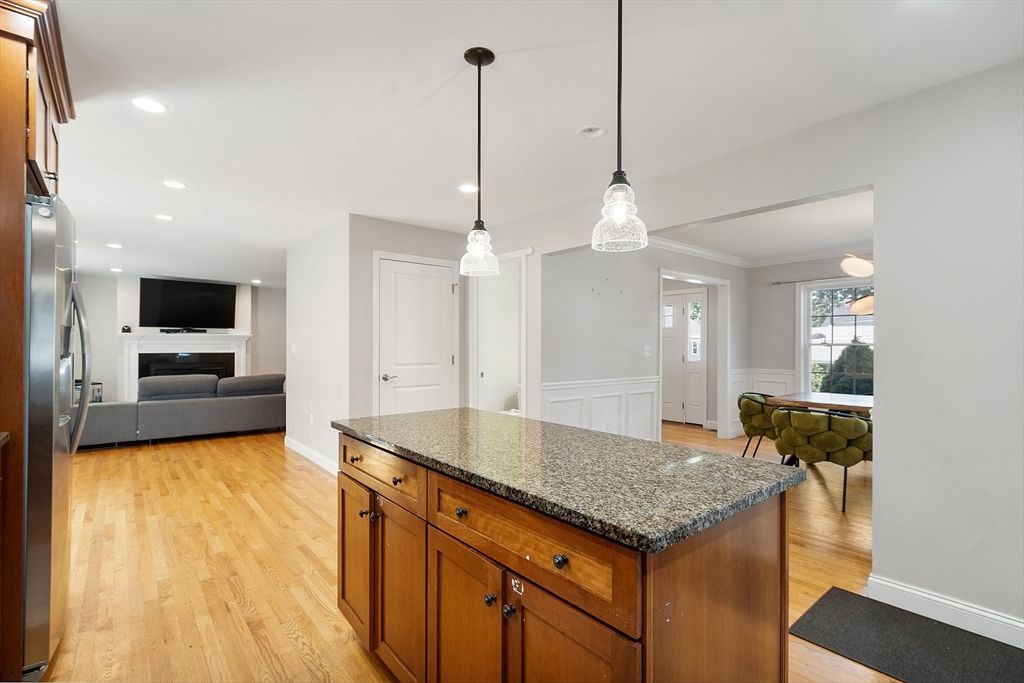 Fireplace, Interior, Pendant Lights, Recessed Lighting, Wood Texture Flooring