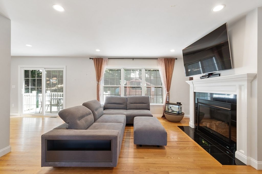 Fireplace, Interior, Living room, Recessed Lighting, Wood Texture Flooring