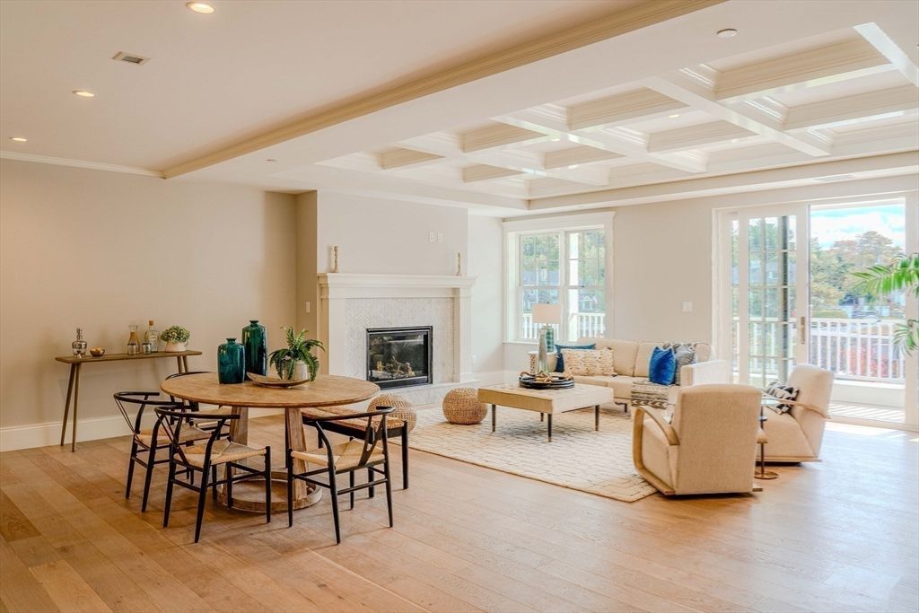 Dining room, Fireplace, Interior, Living room, Recessed Lighting, Wood Texture Flooring