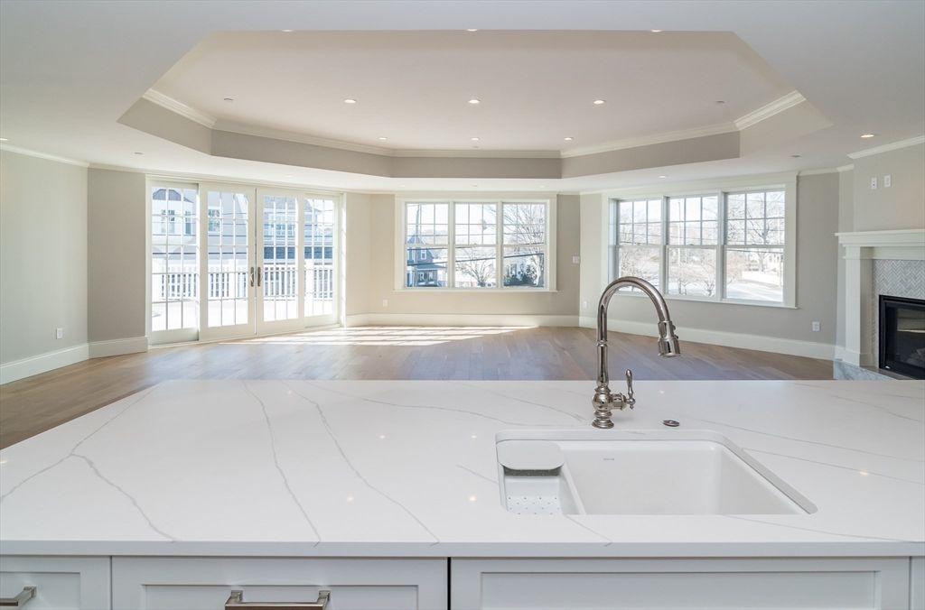 Fireplace, Interior, Kitchen, Recessed Lighting, Wood Texture Flooring