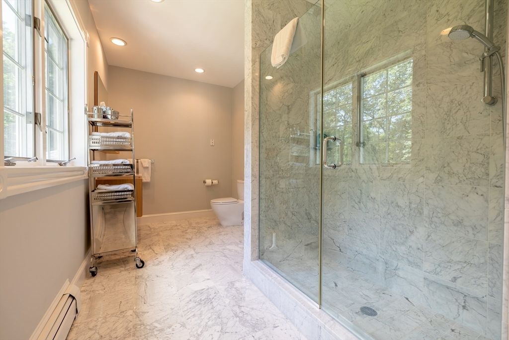 Bathroom, Glass Shower, Interior, Marble, Marble Walls, Recessed Lighting