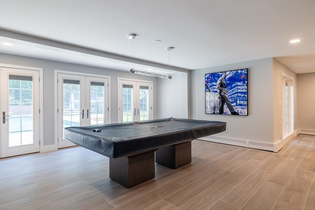 Billiard Table, Game Room, Interior, Pendant Lights, Recessed Lighting, Wood Texture Flooring