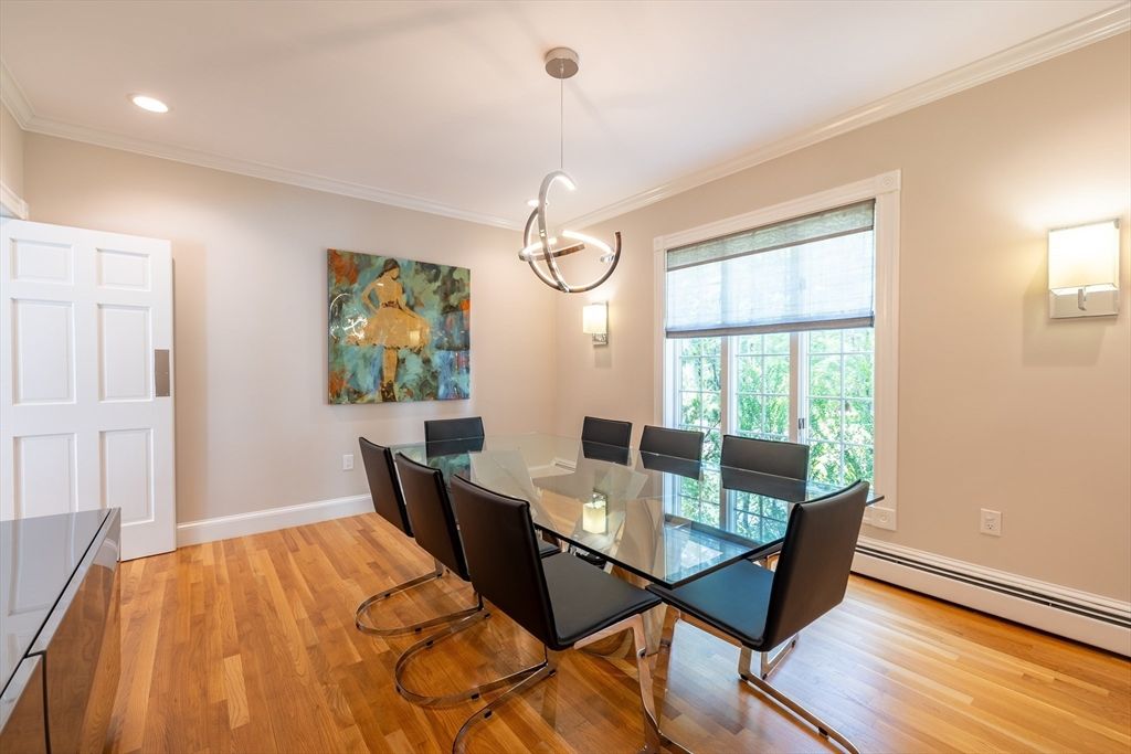 Dining room, Interior, Pendant Lights, Recessed Lighting, Wood Texture Flooring