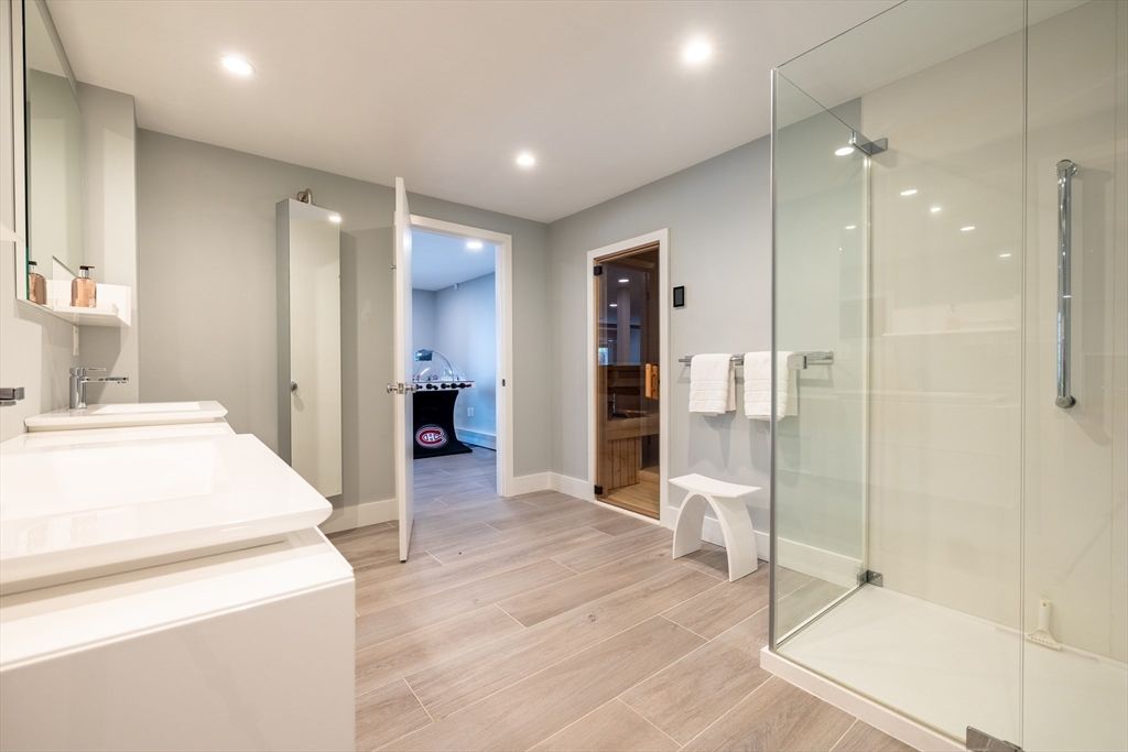 Bathroom, Glass Shower, Interior, Recessed Lighting, Wood Texture Flooring