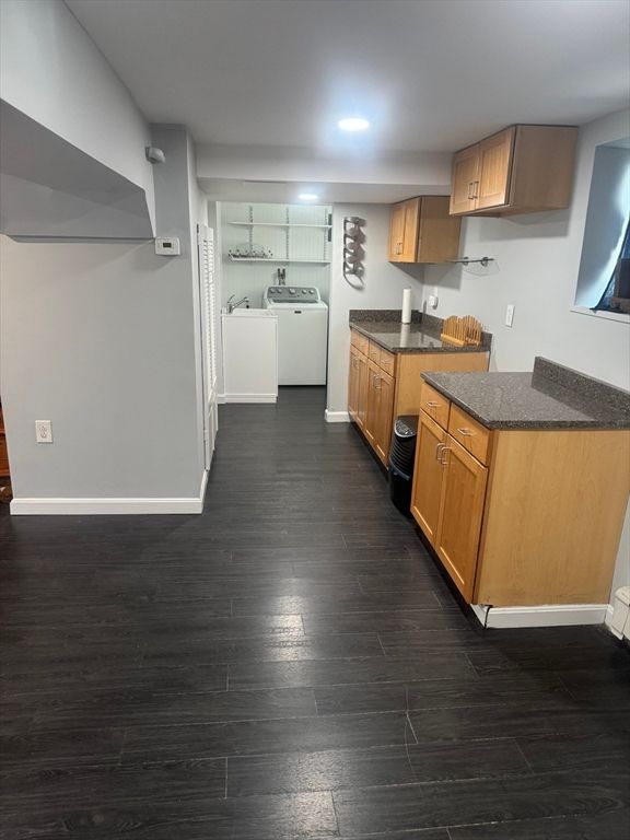 Interior, Kitchen, Recessed Lighting, Washer, Wood Texture Flooring