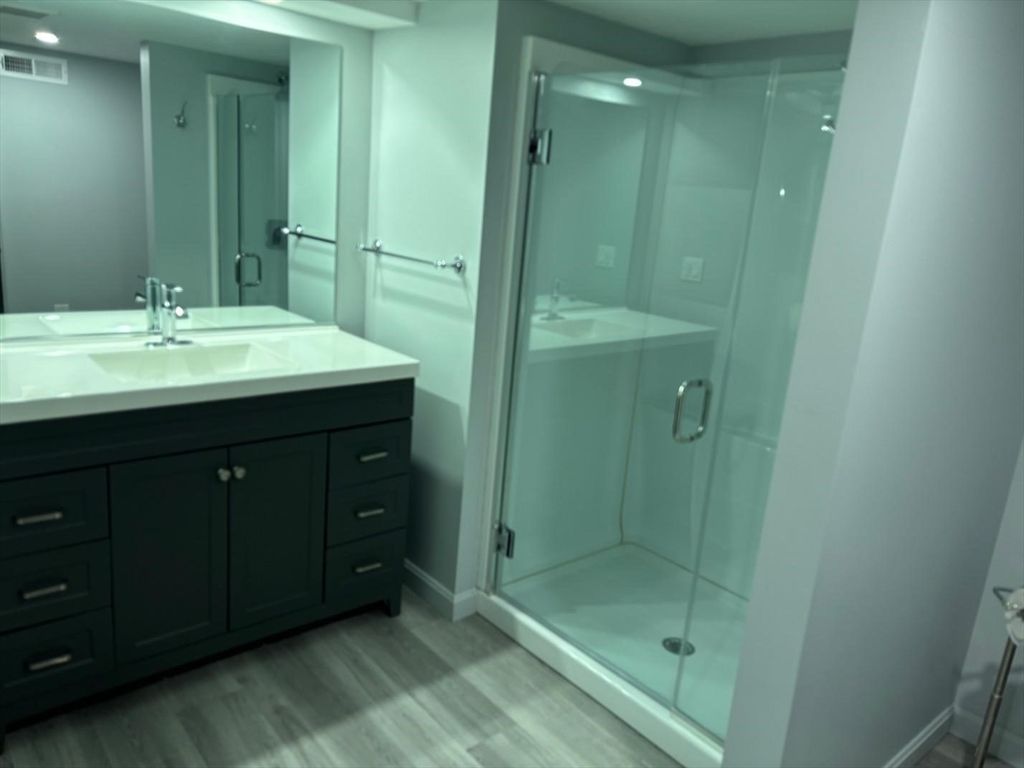 Bathroom, Glass Shower, Interior, Recessed Lighting, Wood Texture Flooring