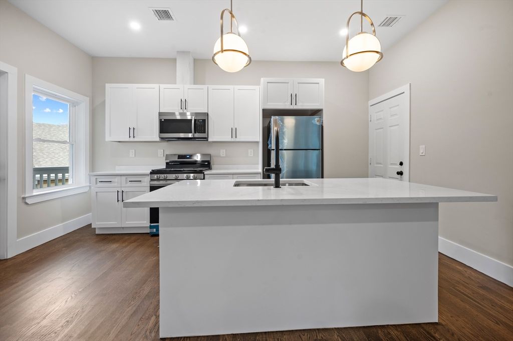 Interior, Kitchen, Pendant Lights, Recessed Lighting, Stainless Steel Appliances, Wood Texture Flooring