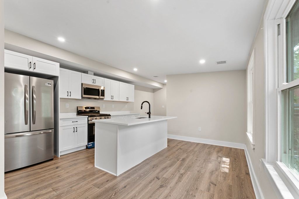 Interior, Kitchen, Recessed Lighting, Stainless Steel Appliances, Wood Texture Flooring