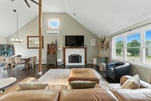 Chandelier, Dining room, Fireplace, Interior, Living room, Pendant Lights, Wood Texture Flooring