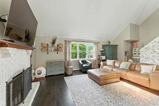 Fireplace, Interior, Kitchen, Living room, Wood Texture Flooring