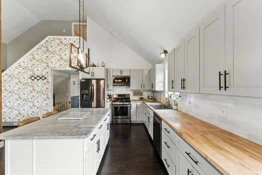Interior, Kitchen, Pendant Lights, Stainless Steel Appliances, Wood Texture Flooring