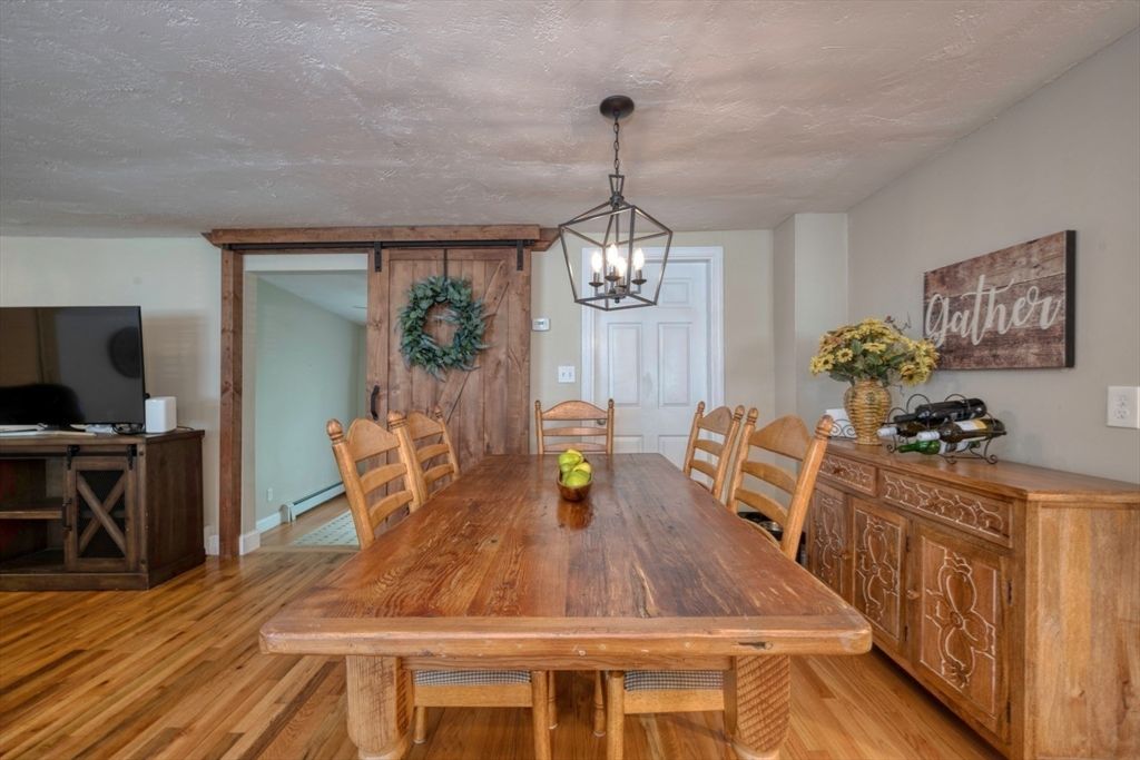 Dining room, Interior, Pendant Lights, Wood Texture Flooring