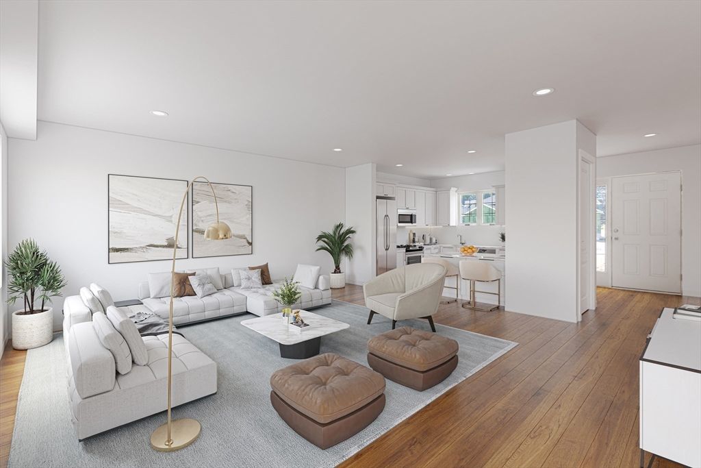 Dining room, Interior, Kitchen, Living room, Recessed Lighting, Stainless Steel Appliances, Wood Texture Flooring