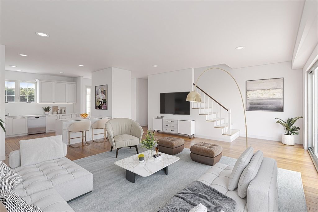 Dining room, Interior, Living room, Recessed Lighting, Wood Texture Flooring