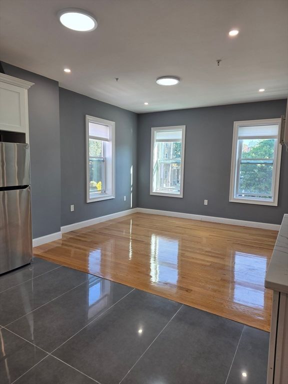 Empty room, Interior, Kitchen, Recessed Lighting, Wood Texture Flooring