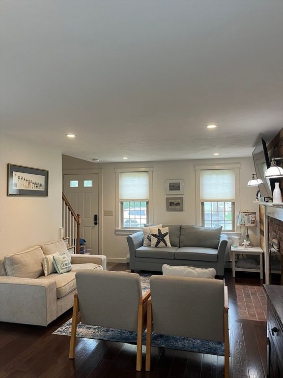 Fireplace, Interior, Living room, Recessed Lighting, Wood Texture Flooring