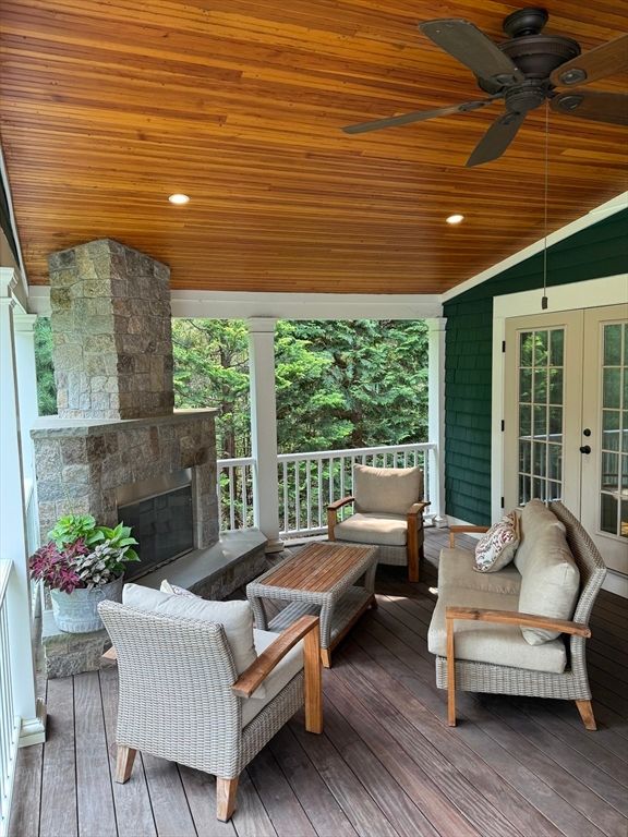 Exterior, Fireplace, Wood Texture Flooring