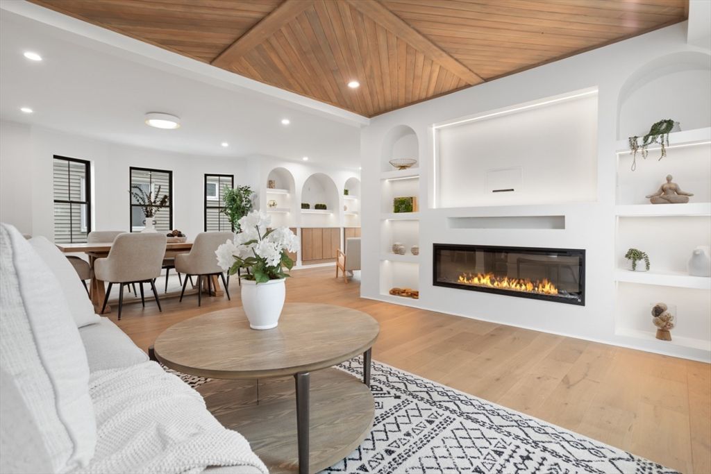 Dining room, Fireplace, Interior, Recessed Lighting, Wooden Ceilings, Wood Texture Flooring