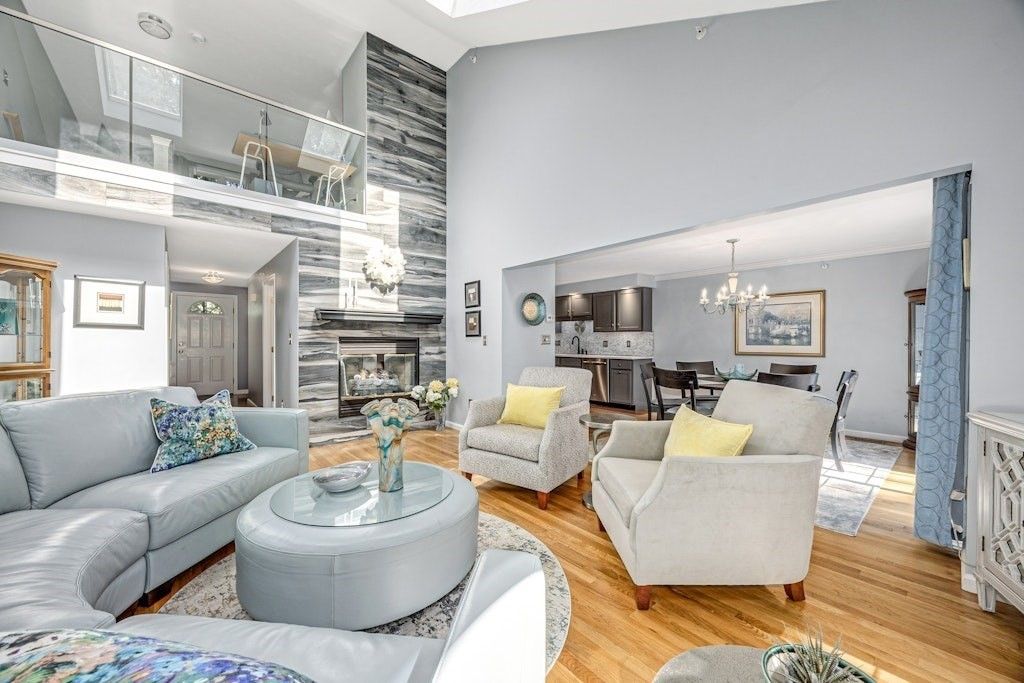 Chandelier, Dining room, Fireplace, Interior, Kitchen, Living room, Wood Texture Flooring