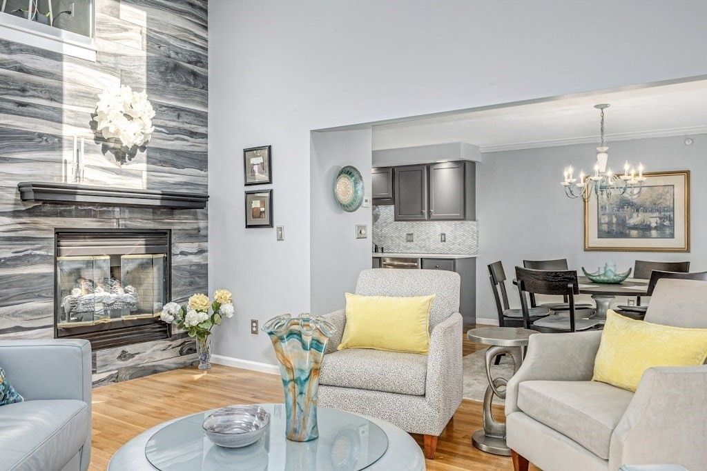 Chandelier, Dining room, Fireplace, Interior, Kitchen, Living room, Wood Texture Flooring