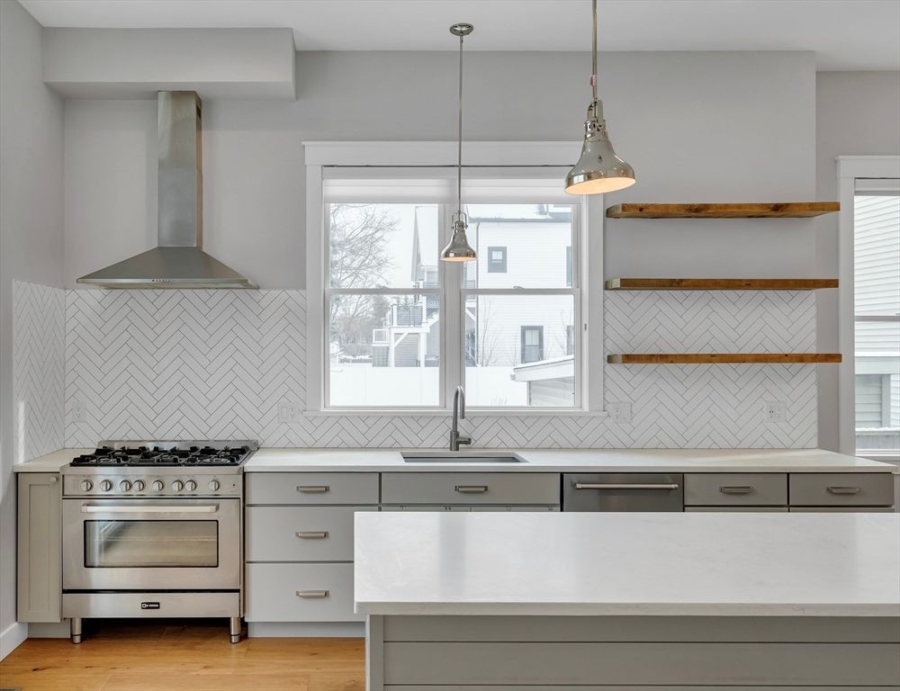 Interior, Kitchen, Pendant Lights, Stainless Steel Appliances, Wood Texture Flooring