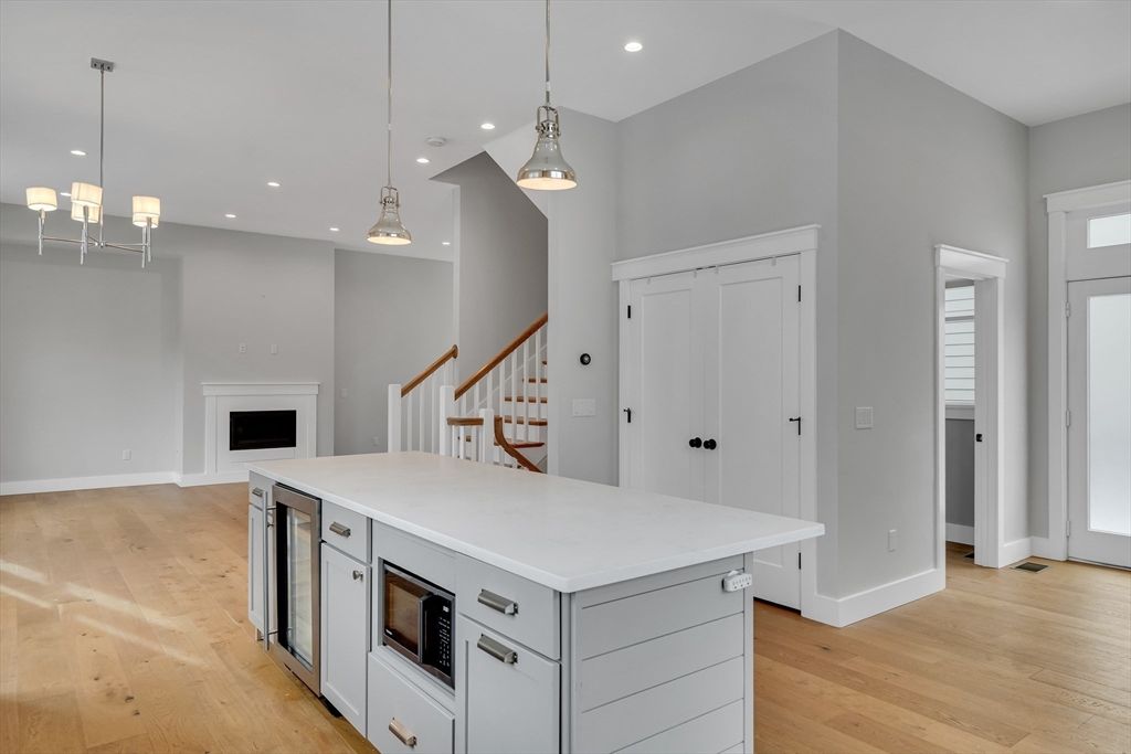 Empty room, Interior, Kitchen, Pendant Lights, Recessed Lighting, Wood Texture Flooring