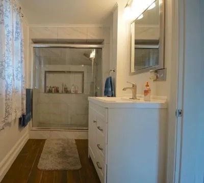 Bathroom, Glass Shower, Interior, Wood Texture Flooring