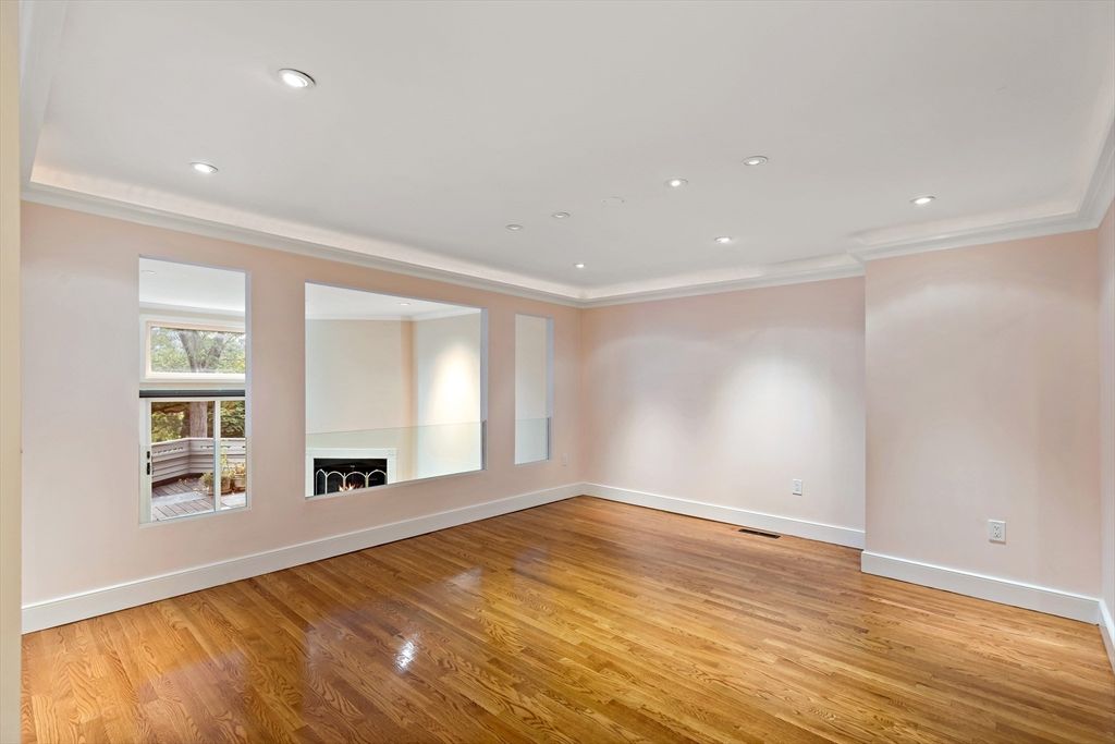 Empty room, Fireplace, Interior, Recessed Lighting, Wood Texture Flooring