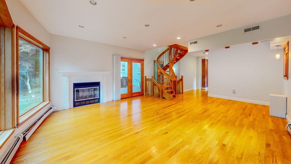 Empty room, Fireplace, Interior, Pendant Lights, Recessed Lighting, Wood Texture Flooring