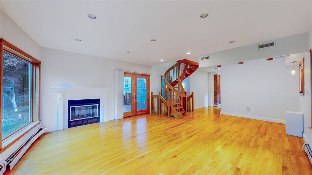 Empty room, Fireplace, Interior, Recessed Lighting, Wood Texture Flooring