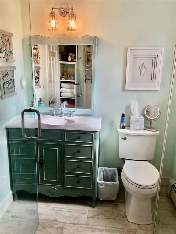 Bathroom, Glass Shower, Interior, Wood Texture Flooring
