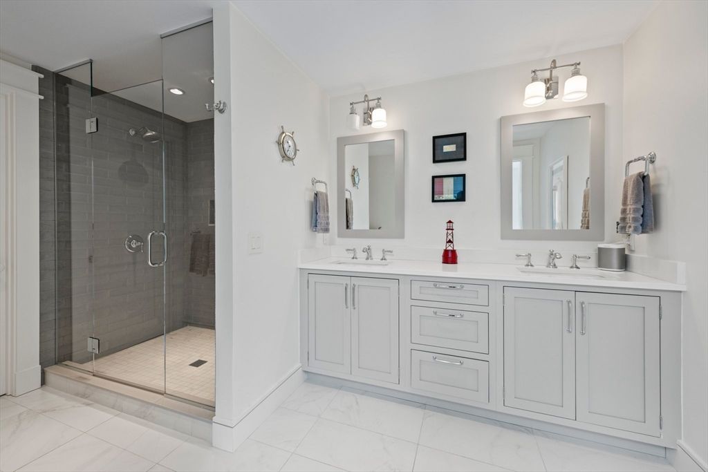 Bathroom, Dual Sink Vanities, Glass Shower, Interior, Marble