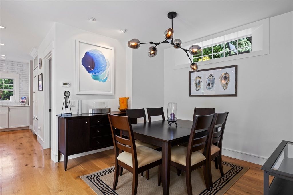 Dining room, Interior, Pendant Lights, Recessed Lighting, Wood Texture Flooring
