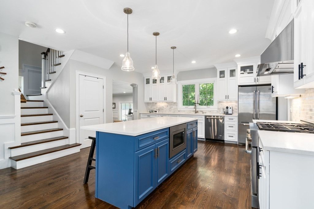 Interior, Kitchen, Pendant Lights, Recessed Lighting, Stainless Steel Appliances, Wood Texture Flooring