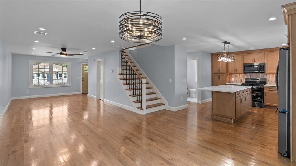 Chandelier, Interior, Kitchen, Pendant Lights, Recessed Lighting, Wood Texture Flooring
