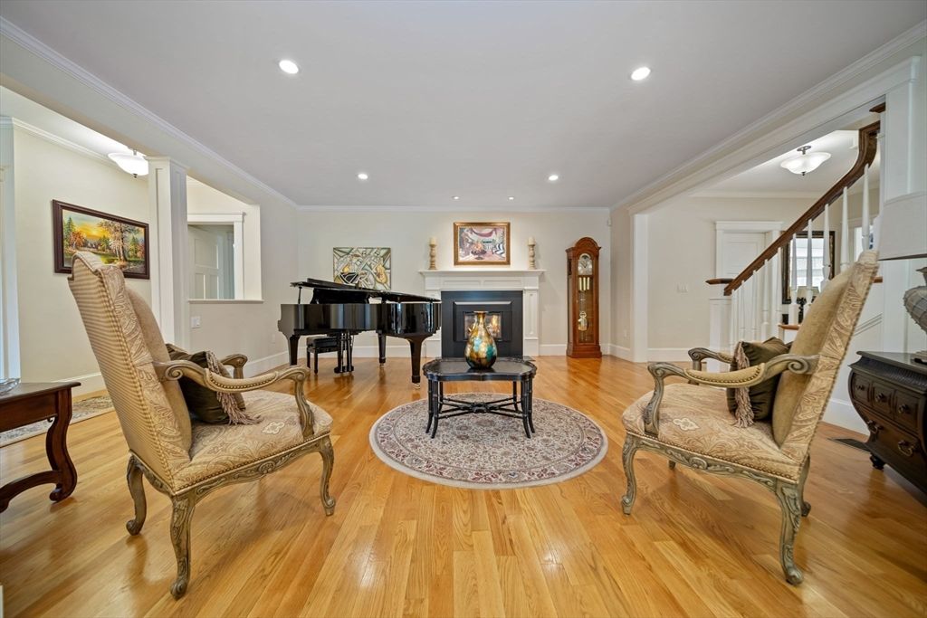 Fireplace, Interior, Living room, Piano, Recessed Lighting, Wood Texture Flooring