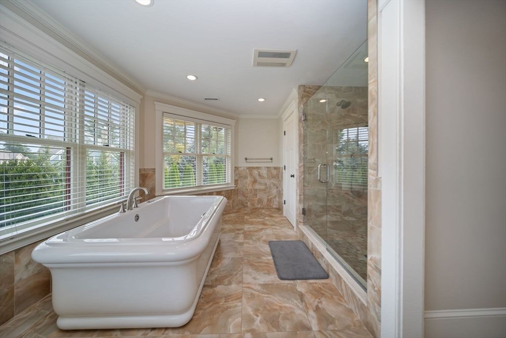 Bathroom, Free Standing Baths, Glass Shower, Interior, Recessed Lighting