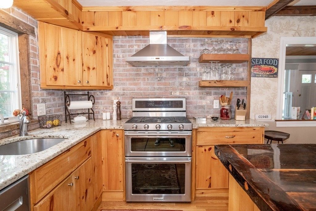 Interior, Kitchen, Stainless Steel Appliances, Stone Walls, Wood Texture Flooring