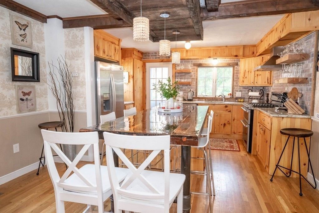 Chandelier, Interior, Kitchen, Pendant Lights, Stainless Steel Appliances, Wooden Beams, Wood Texture Flooring