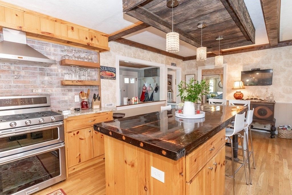 Chandelier, Interior, Kitchen, Pendant Lights, Stainless Steel Appliances, Stone Walls, Wooden Beams, Wooden Ceilings, Wood Texture Flooring