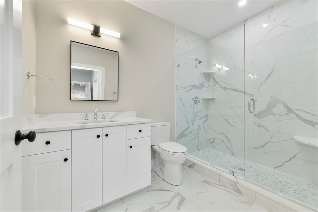 Bathroom, Glass Shower, Interior, Marble, Marble Walls, Recessed Lighting