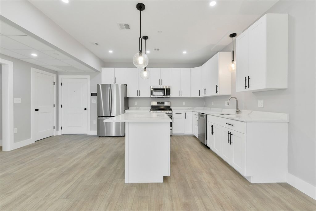Interior, Kitchen, Pendant Lights, Recessed Lighting, Stainless Steel Appliances, Wood Texture Flooring