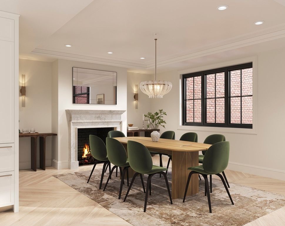 Dining room, Fireplace, Interior, Pendant Lights, Recessed Lighting, Wood Texture Flooring