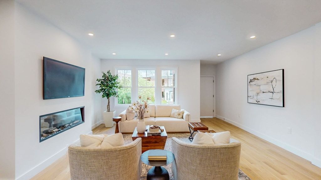 Fireplace, Interior, Living room, Recessed Lighting, Wood Texture Flooring