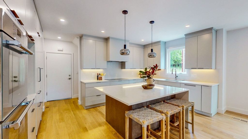 Interior, Kitchen, Pendant Lights, Recessed Lighting, Stainless Steel Appliances, Wood Texture Flooring