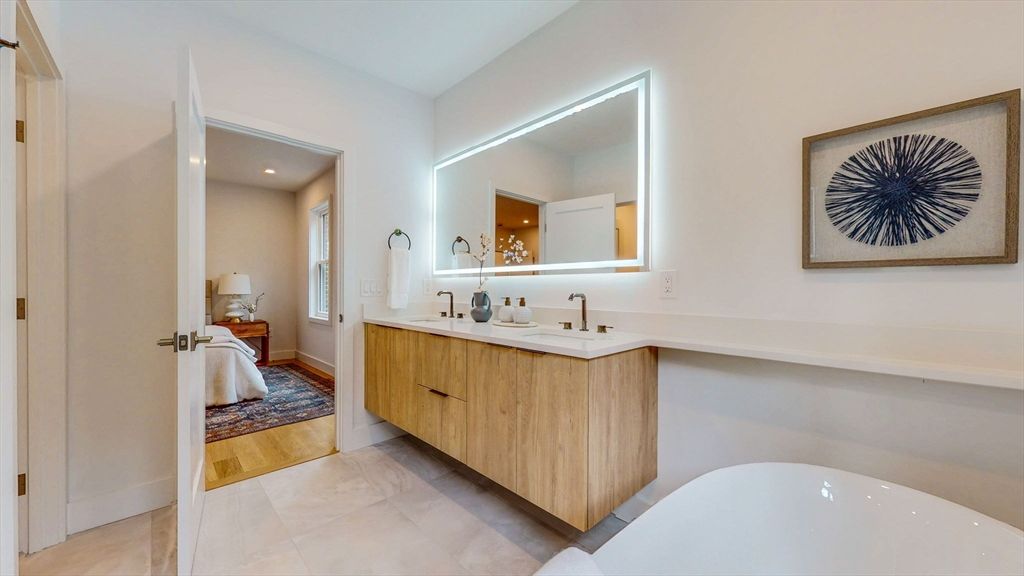 Bathroom, Dual Sink Vanities, Interior, Recessed Lighting, Wood Texture Flooring