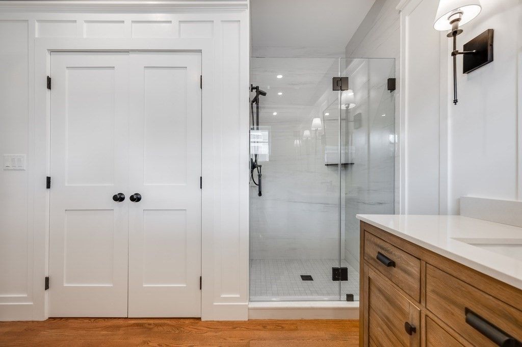 Bathroom, Glass Shower, Interior, Recessed Lighting, Wood Texture Flooring