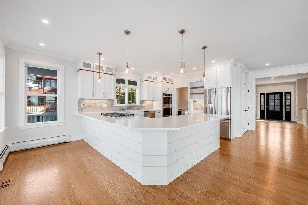 Interior, Kitchen, Pendant Lights, Recessed Lighting, Stainless Steel Appliances, Wood Texture Flooring