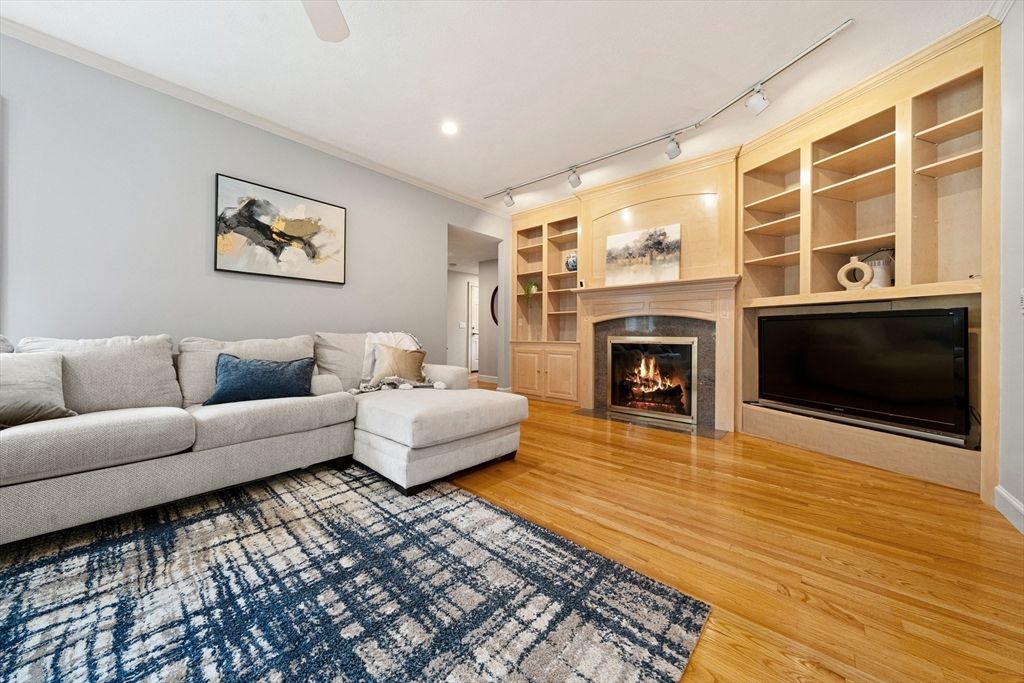 Fireplace, Interior, Living room, Recessed Lighting, Wood Texture Flooring